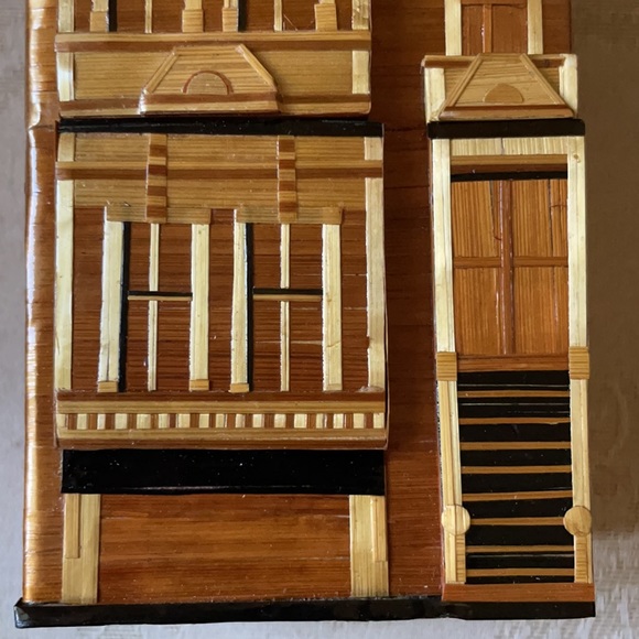 Unique vintage handmade bamboo, straw, wheat Victorian row house trinket box - Picture 7 of 15